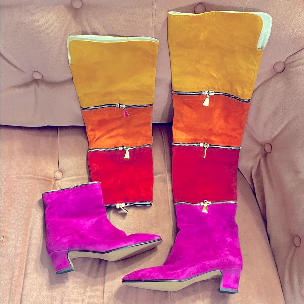 Anne Klein COUTURE Vintage Color Block Leather Suede Knee High Zip‎ Boots 6 Pink